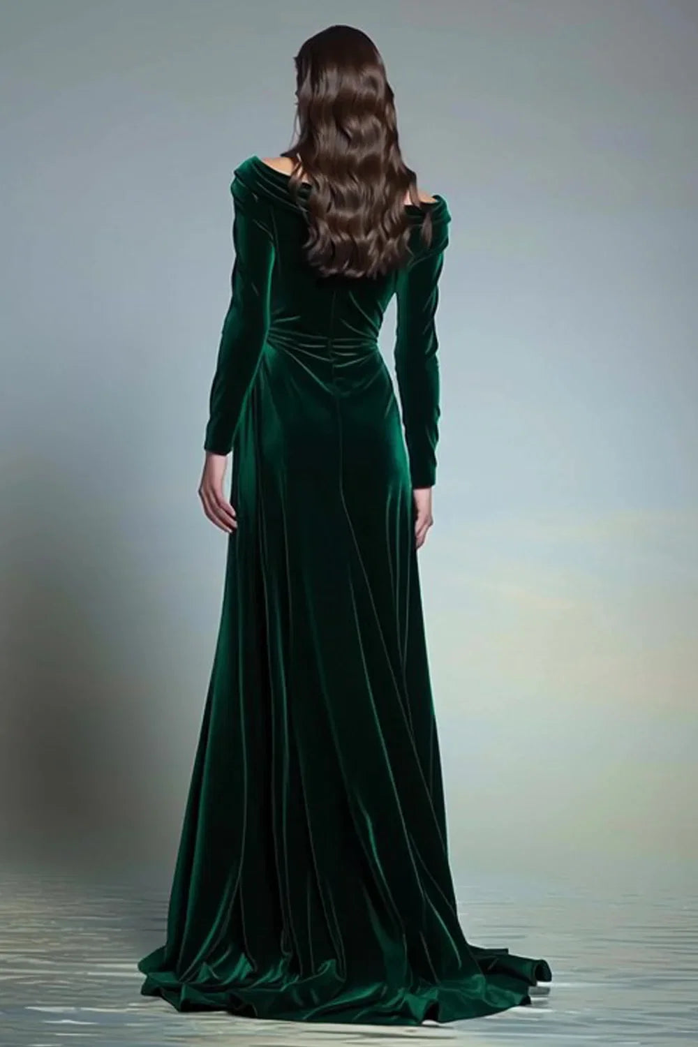 Fitted Boat-Neck Long Sleeve Sweep/Brush Train Evening Dress