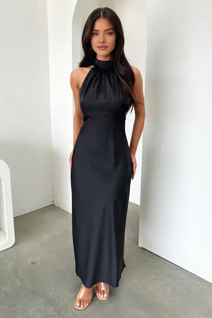 Fitted High Neck Sleeveless Pleated Floor-Length Prom Dress