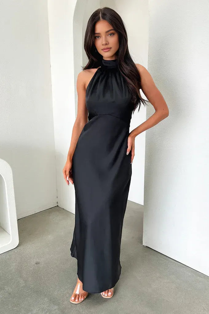 Fitted High Neck Sleeveless Pleated Floor-Length Prom Dress