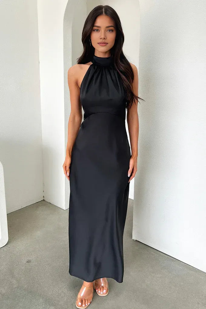 Fitted High Neck Sleeveless Pleated Floor-Length Prom Dress