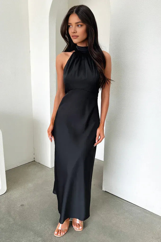 Fitted High Neck Sleeveless Pleated Floor-Length Prom Dress
