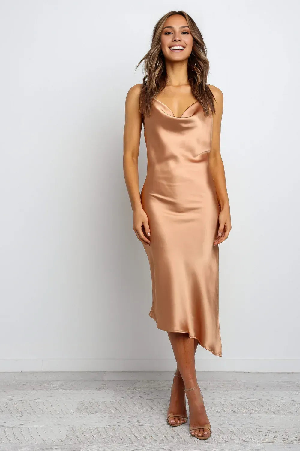 Fitted Spaghetti Straps Sleeveless Backless Tea-Length Prom Dress