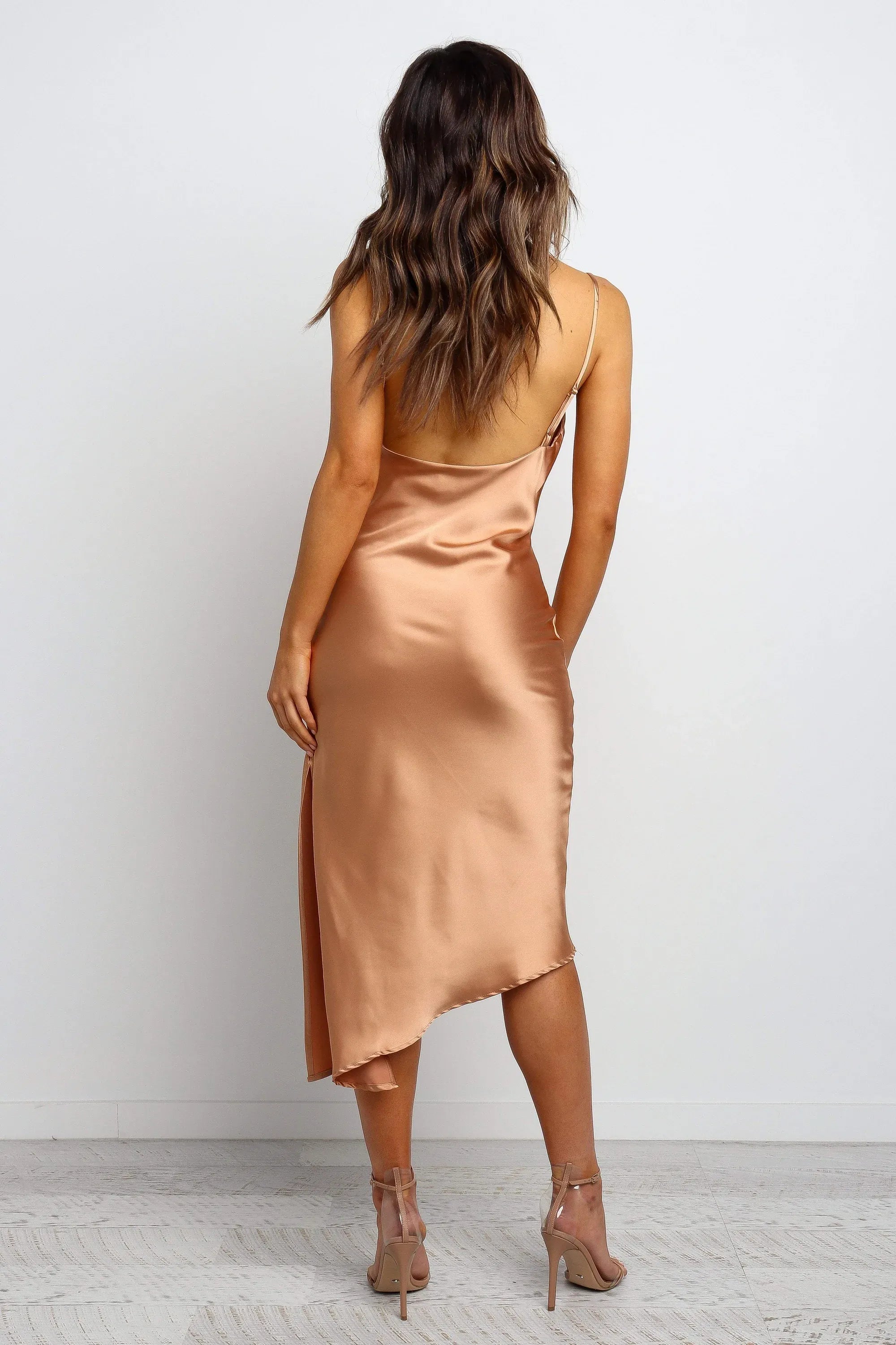 Fitted Spaghetti Straps Sleeveless Backless Tea-Length Prom Dress