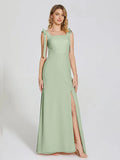 Simple Fitted Square Neck Sleeveless Chiffon Bowknot Floor-Length Bridesmaid Dress