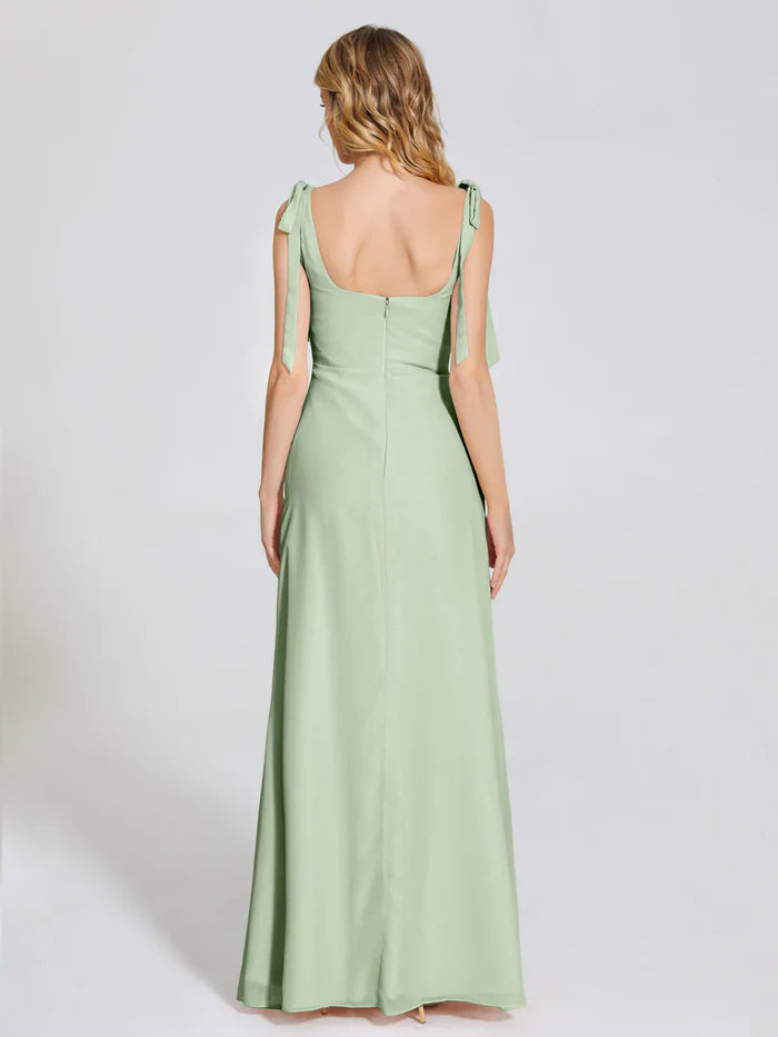 Simple Fitted Square Neck Sleeveless Chiffon Bowknot Floor-Length Bridesmaid Dress