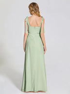 Simple Fitted Square Neck Sleeveless Chiffon Bowknot Floor-Length Bridesmaid Dress