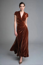 Fitted V-Neck Cap Sleeve Floor-Length Evening Dress