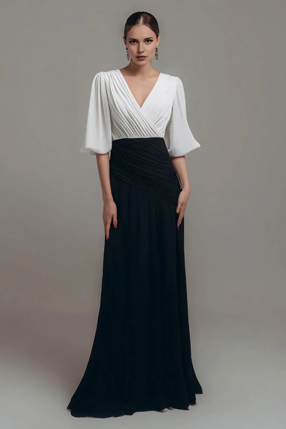 Fitted V-Neck Short Sleeve Floor-Length Evening Dress