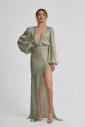 Fitted V Neck Long Sleeve Floor-Length Prom Dress