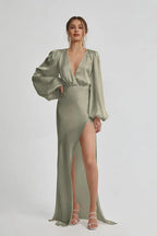 Fitted V Neck Long Sleeve Floor-Length Prom Dress