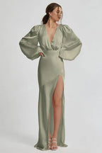 Fitted V Neck Long Sleeve Floor-Length Prom Dress
