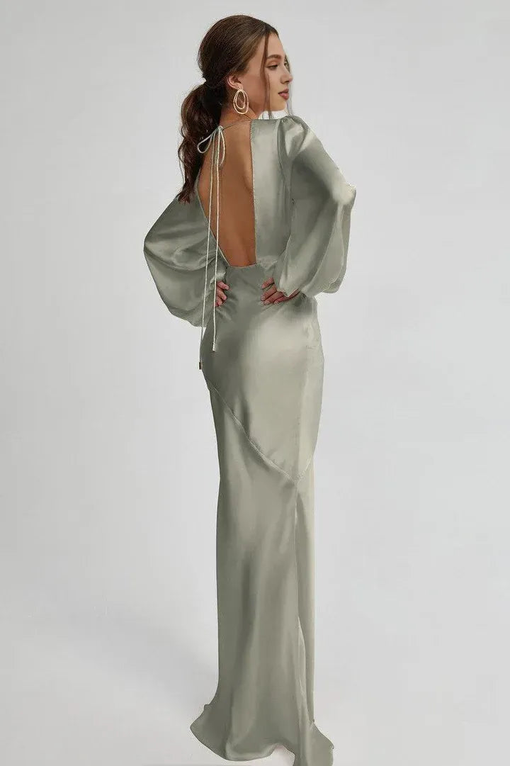 Fitted V Neck Long Sleeve Floor-Length Prom Dress