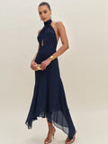 Dress Simple Halter High Neck Sleeveless A-line Prom Dress Maxi Dress Pleated Backless Asymmetrical Hem Evening Dress