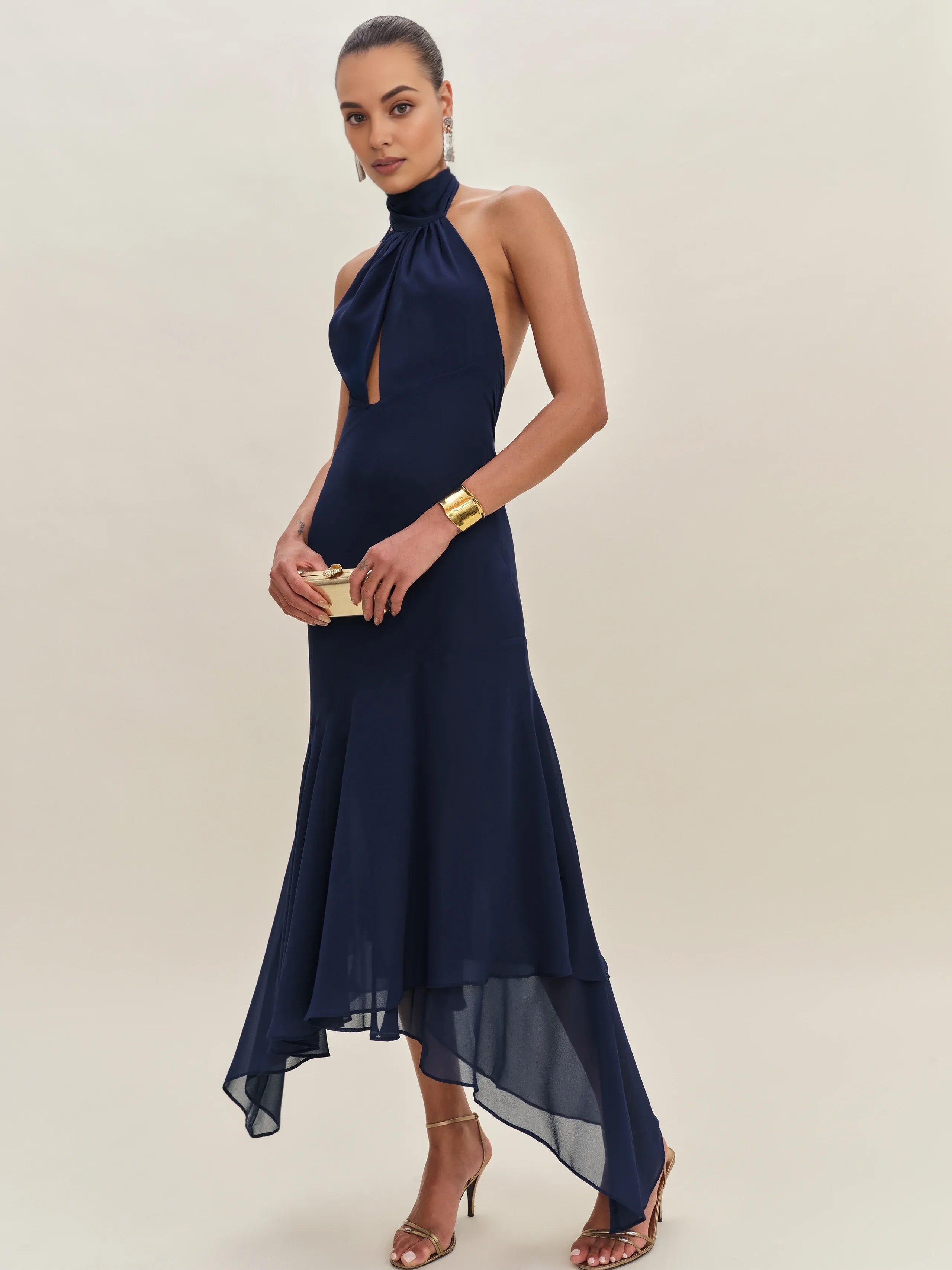 Dress Simple Halter High Neck Sleeveless A-line Prom Dress Maxi Dress Pleated Backless Asymmetrical Hem Evening Dress