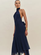 Dress Simple Halter High Neck Sleeveless A-line Prom Dress Maxi Dress Pleated Backless Asymmetrical Hem Evening Dress