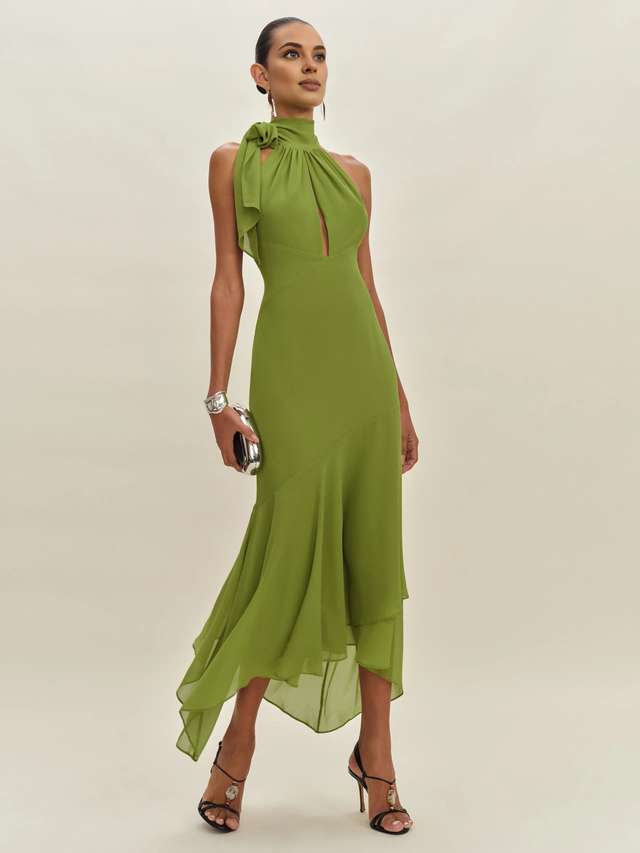 Dress Simple Halter High Neck Sleeveless A-line Prom Dress Maxi Dress Pleated Backless Asymmetrical Hem Evening Dress