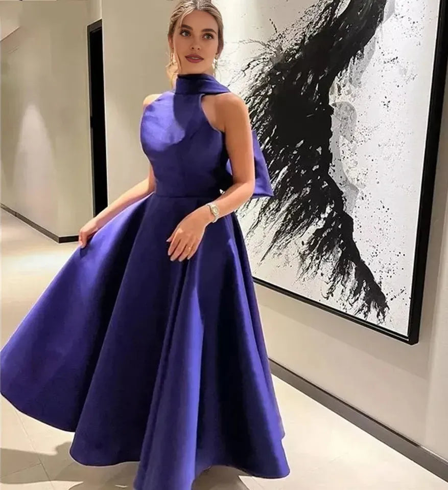 Halter Neck Sleeveless A-Line Bow(s) Ankle-Length Evening Dress