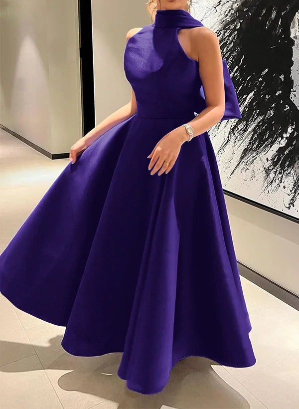 Halter Neck Sleeveless A-Line Bow(s) Ankle-Length Evening Dress