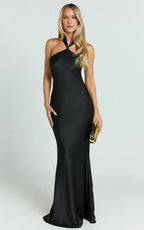 Dress Simple Maxi Dress Halter Neck Sleeveless Dress Mermaid Cold Shoulder Low Open Back Evening Dress
