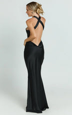 Dress Simple Maxi Dress Halter Neck Sleeveless Dress Mermaid Cold Shoulder Low Open Back Evening Dress
