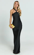 Dress Simple Maxi Dress Halter Neck Sleeveless Dress Mermaid Cold Shoulder Low Open Back Evening Dress