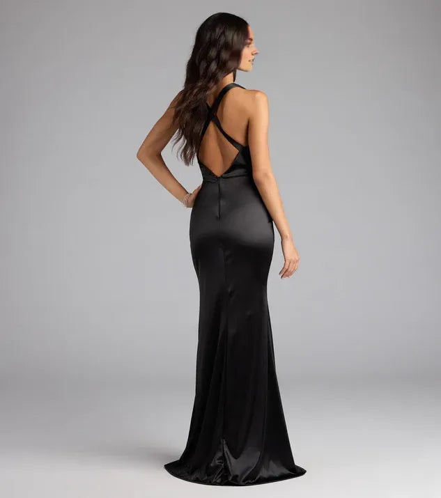 Mermaid Halter Plunge V Neck Sleeveless Open Back Floor-Length Prom Dress