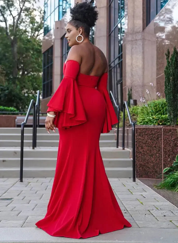 Mermaid Off-The-Shoulder Long Sleeves Pleated Sweep Train Plus Size Prom Dress