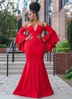 Mermaid Off-The-Shoulder Long Sleeves Pleated Sweep Train Plus Size Prom Dress