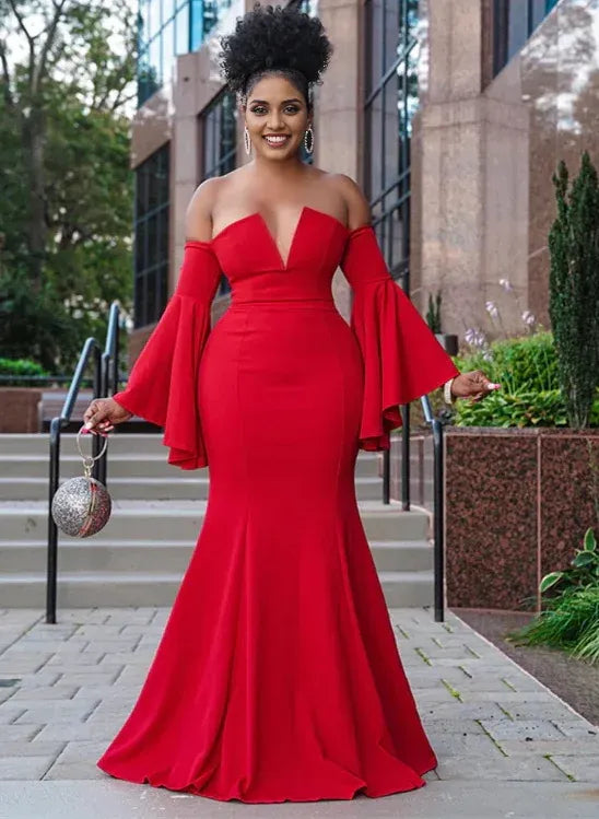 Mermaid Off-The-Shoulder Long Sleeves Pleated Sweep Train Plus Size Prom Dress