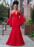 Mermaid Off-The-Shoulder Long Sleeves Pleated Sweep Train Plus Size Prom Dress