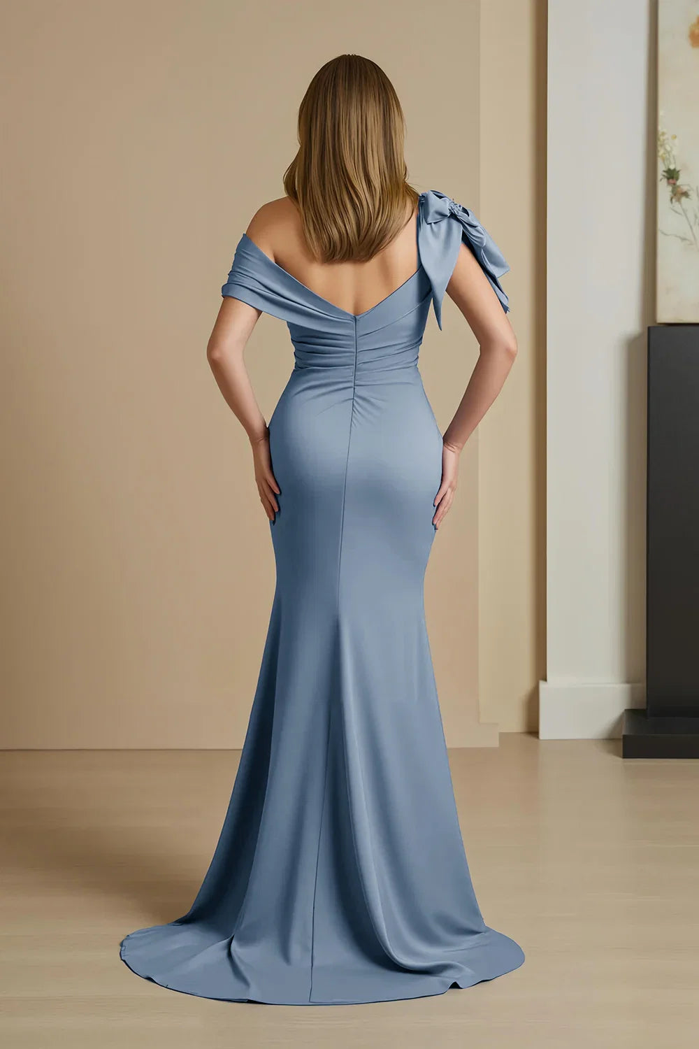 Mermaid Off the Shoulder Cap Sleeve V Back Sweep/Brush Train Mother of the Bride Dress
