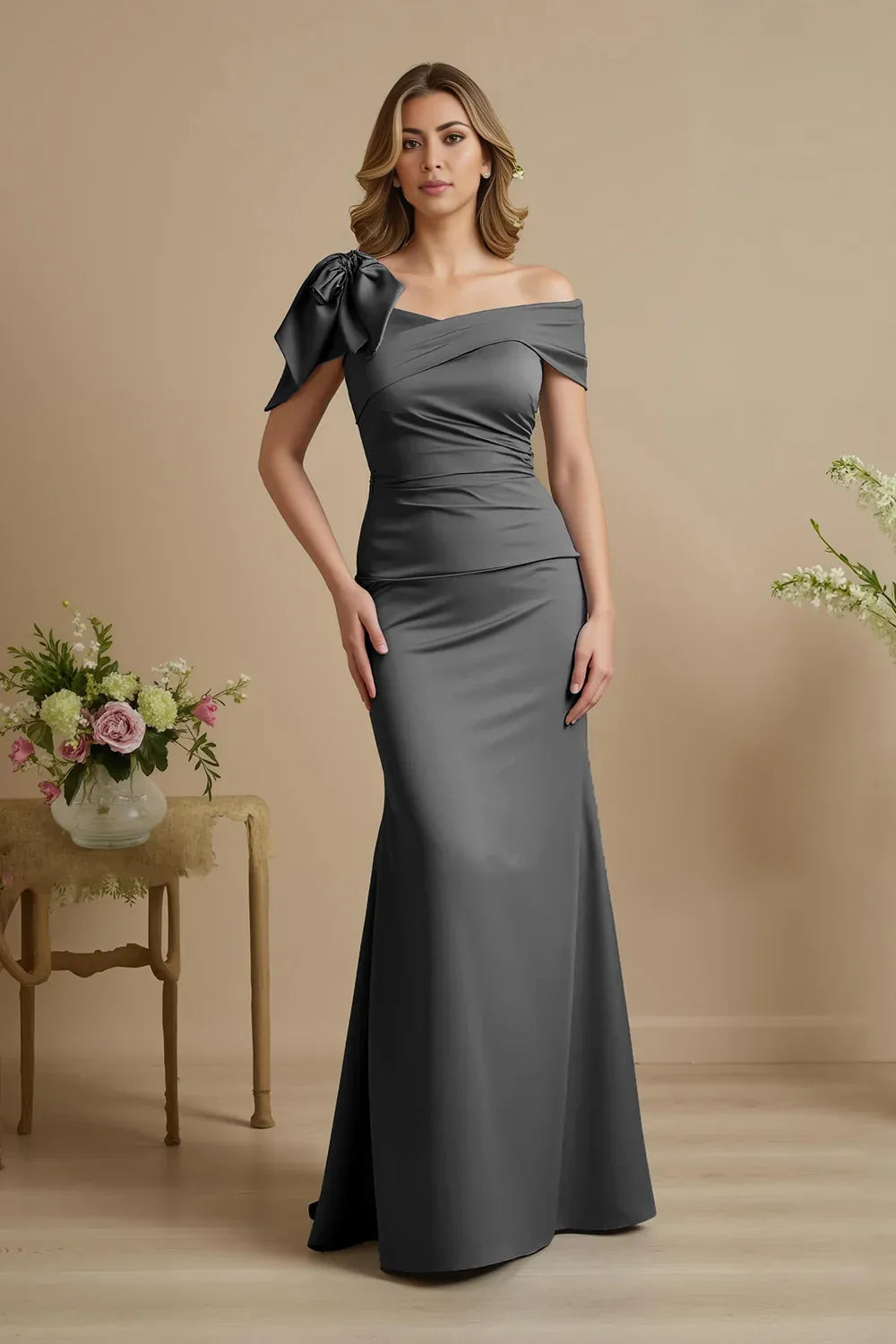 Mermaid Off the Shoulder Cap Sleeve V Back Sweep/Brush Train Mother of the Bride Dress