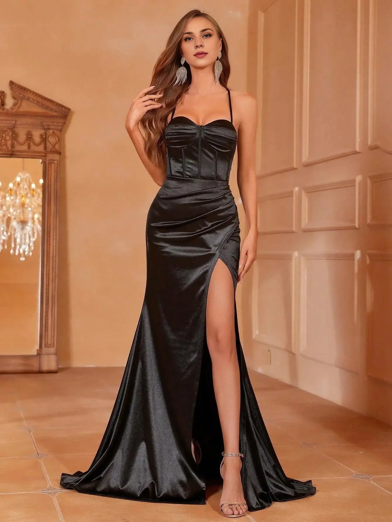 Mermaid Spaghetti Straps Sleeveless Backless Sweep/Brush Train Prom Dress