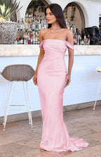 Mermaid/Trumpet Off the Shoulder Dropped Shoulder Sleeves Backless Sweep/Brush Train Prom Dress