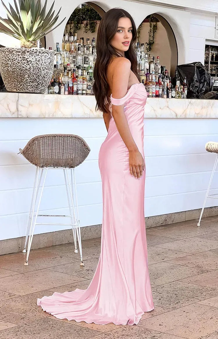 Mermaid/Trumpet Off the Shoulder Dropped Shoulder Sleeves Backless Sweep/Brush Train Prom Dress