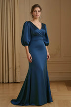 Mermaid V-Neck Long Sleeve Zipper Up Sweep/Brush Train Mother of the Bride Dress