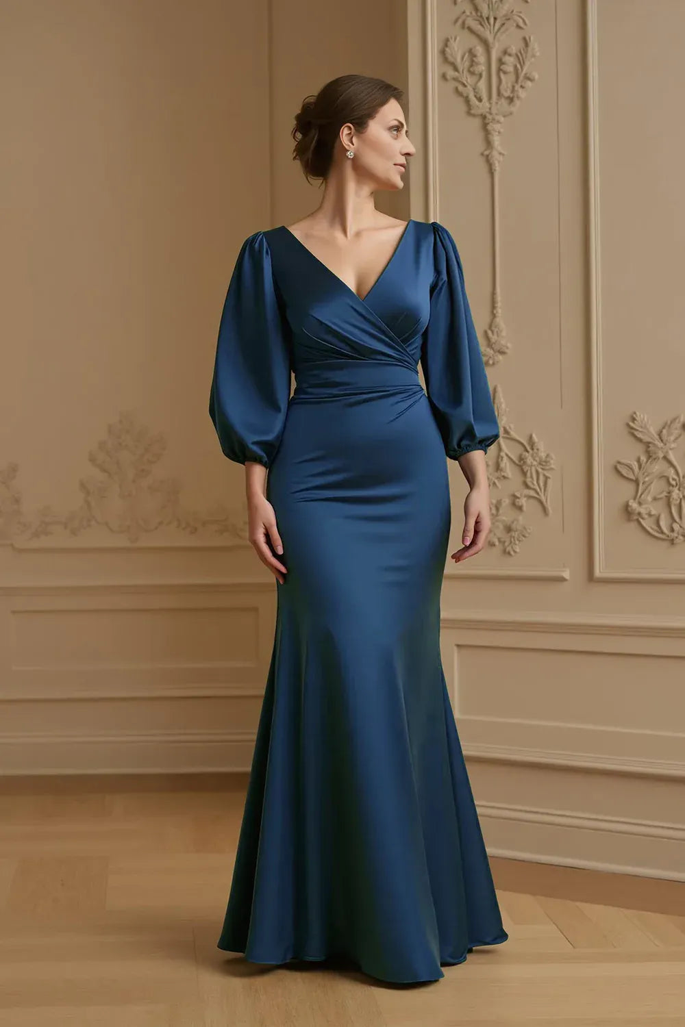 Mermaid V-Neck Long Sleeve Zipper Up Sweep/Brush Train Mother of the Bride Dress