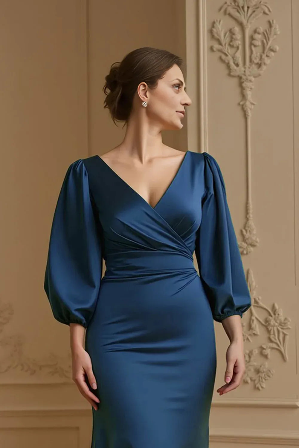 Mermaid V-Neck Long Sleeve Zipper Up Sweep/Brush Train Mother of the Bride Dress