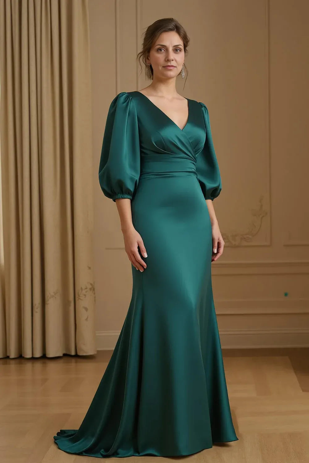 Mermaid V-Neck Long Sleeve Zipper Up Sweep/Brush Train Mother of the Bride Dress