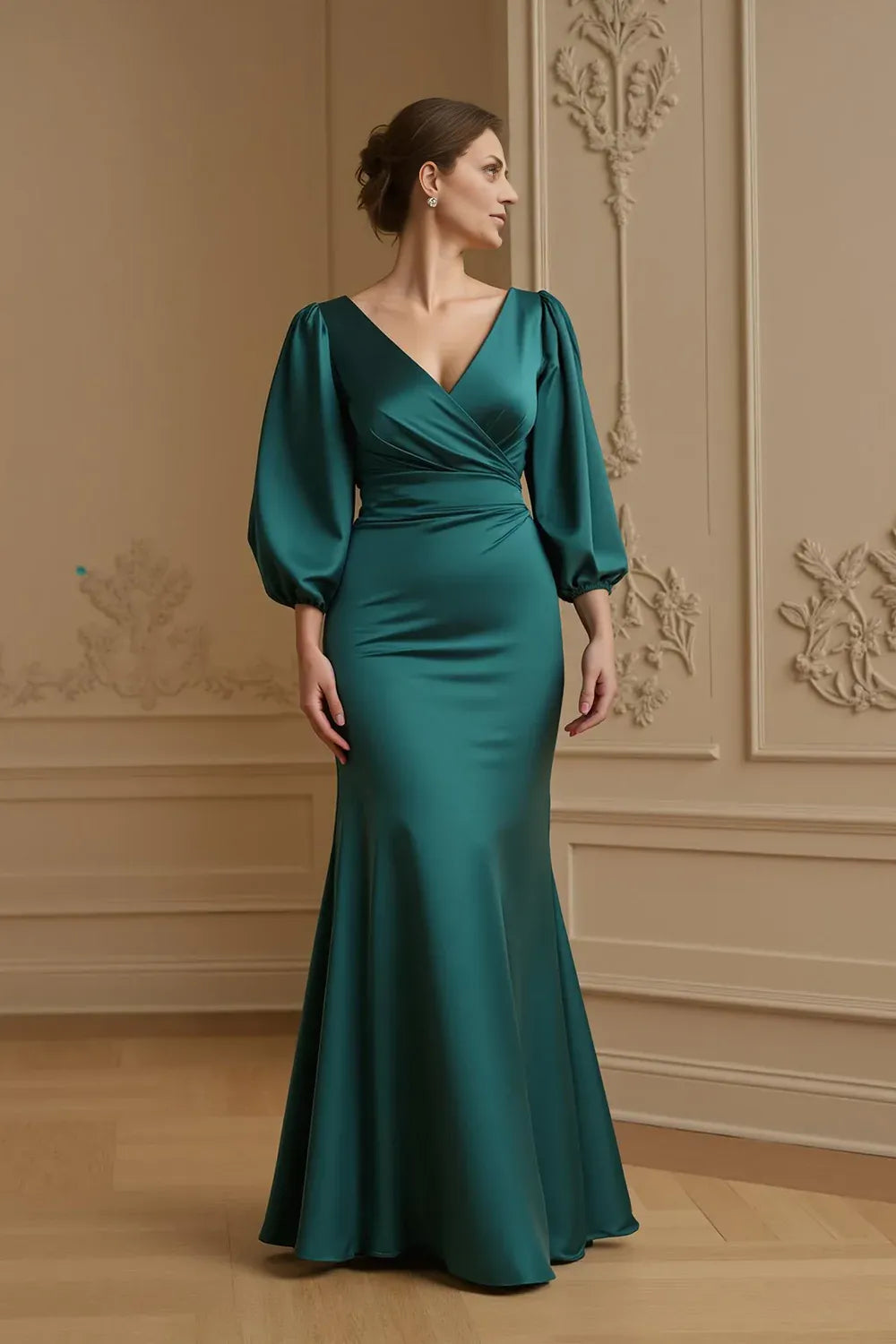 Mermaid V-Neck Long Sleeve Zipper Up Sweep/Brush Train Mother of the Bride Dress