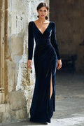 Mermaid V-Neck Long Sleeve V Back Floor-Length Mother of the Bride Dress