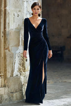 Mermaid V-Neck Long Sleeve V Back Floor-Length Mother of the Bride Dress