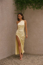 Yellow One Shoulder Pleated Ankle-Length Dress Mermaid Sleeveless Solid Color Prom Dress With Slit