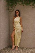 Yellow One Shoulder Pleated Ankle-Length Dress Mermaid Sleeveless Solid Color Prom Dress With Slit