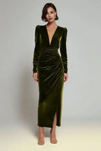 Sheath/Column Deep V-Neck Long Sleeve Ankle-Length Evening Dress