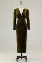 Sheath/Column Deep V-Neck Long Sleeve Ankle-Length Evening Dress