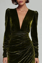 Sheath/Column Deep V-Neck Long Sleeve Ankle-Length Evening Dress