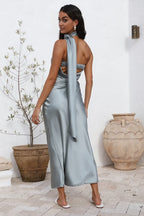 Sheath/Column Halter Neck Sleeveless Backless Ankle-Length Prom Dress