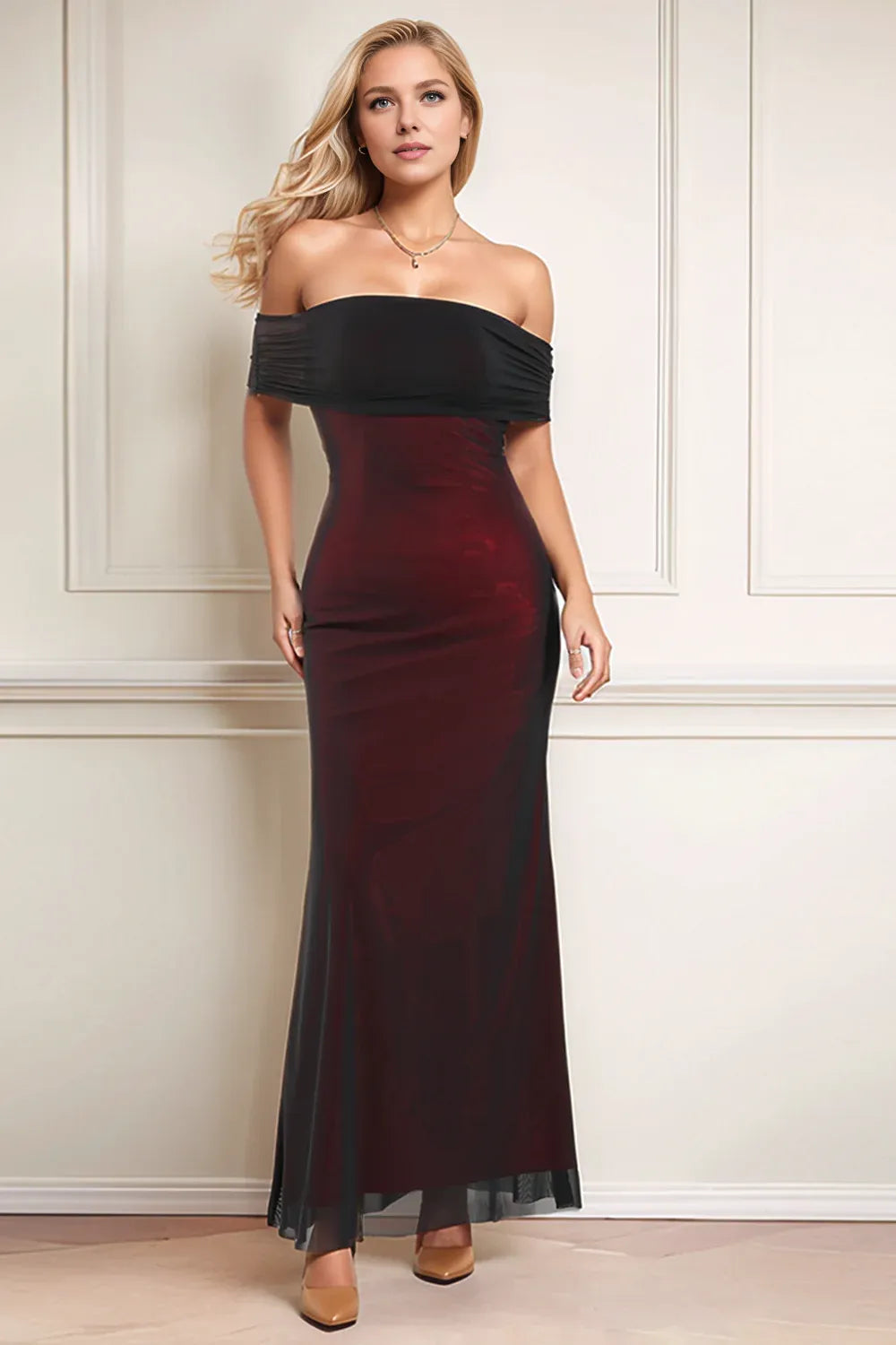Sheath/Column Off the Shoulder Long Sleeves Floor-Length Prom Dress