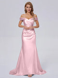 Simple Sheath/Column Off the Shoulder Sleeveless Satin Pleated Sweep Train Bridesmaid Dress